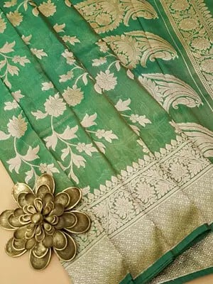 Neptune-Green Phool Bail Motifs Tissue Silk Saree with Paisley on Pallu