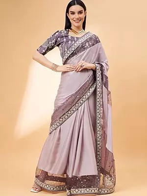 Silk Georgette Ribbon Embroidered Mauve Saree With Blouse