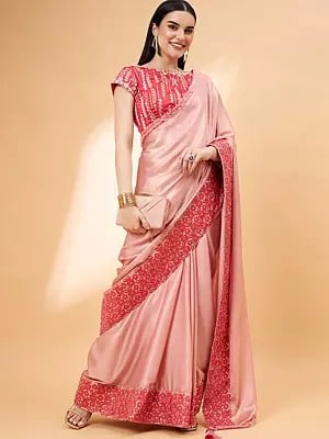 Satin Georgette Pale Chestnut Party Wear Saree And Flower Design In Border With Blouse