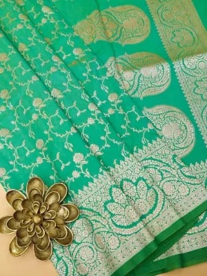 Biscay-Green Floral Jaal Pattern Tanchoi Weave Silk Saree with Wide Border