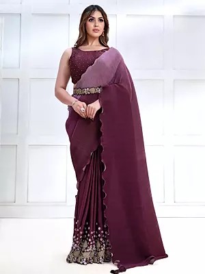 Crepe Satin Silk Texture With Cord & Sequence Embroidered Wine Berry Saree With Blouse And Belt