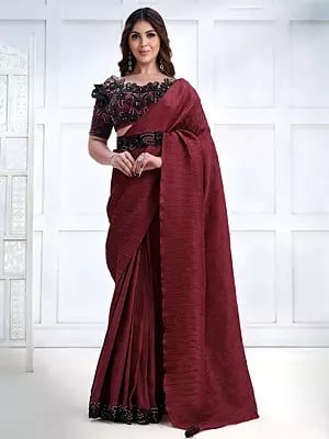 Crepe Silk Georgette Texture Cord Dark Maroon Saree With Blouse And Belt