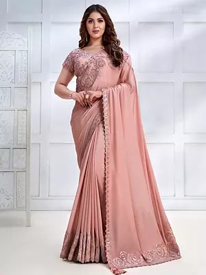 Pure Crepe Georgette Sequence Embroidered Pale Chestnut Saree With Blouse