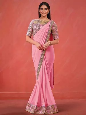 Lycra Net Embroidered Flower Motif Flamingo Pink Saree With Cord Embroidered Blouse