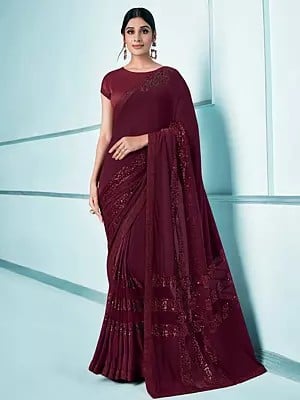 Lycra sequence Wine Berry Saree with Raw Silk Blouse