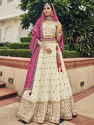 Heavy Viscose Embroidery Mirror Whipped Cream Lehenga and Georgette Dupatta