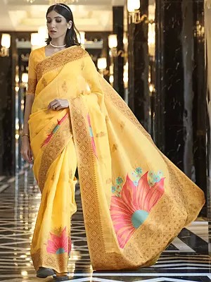 Women's Floral Design Traditional Pure Linen Saree With Blouse