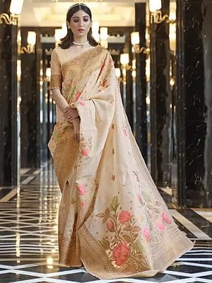 Pure Linen Handloom Saree With Hex Honeycomb Design Border