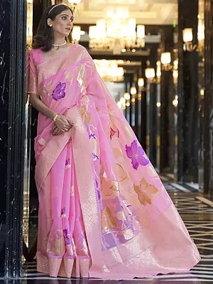 Pure Linen Handloom Designer Floral Saree With Diamond Pattern Pallu