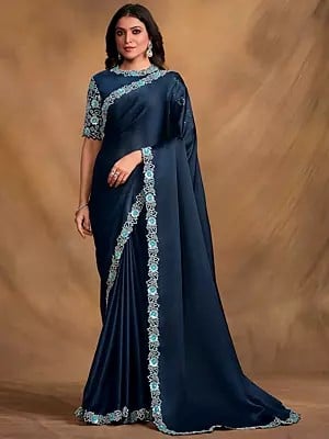 Navy-Blue Satin Silk Georgette Sequins Saree With Blouse