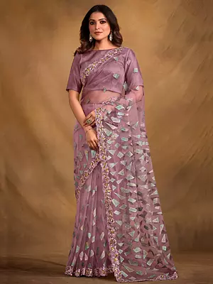 Light-Purple Velvet Texture Net Designer Saree With Blouse And Floral Border