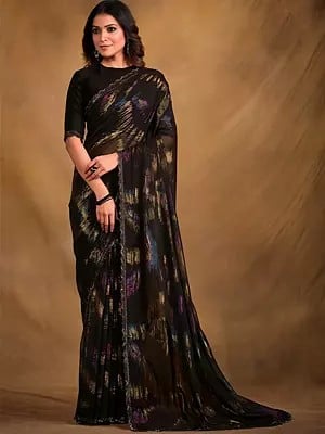 Jet-Black Zari Jacquard Designer Saree With Blouse For Women's
