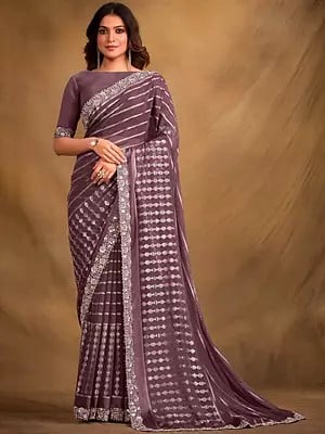 Magenta-Purple Stripe Pattern Georgette Kasab Designer Saree With Blouse