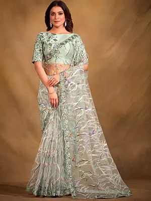 Pistachio-Green Velvet Texture Net Designer Saree With Floral Border And Blouse