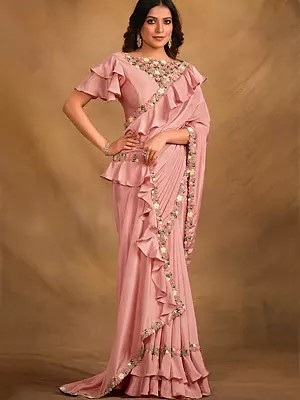 Plain-Peach Crepe Georgette Silk Designer Saree With Blouse