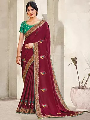Falu-Red Zig Zag Pattern Border Embroidered Raw Silk Saree With Blouse