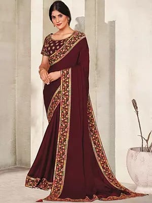 Deep-Maroon Floral Motif Border Embroidered Raw Silk Saree With Blouse