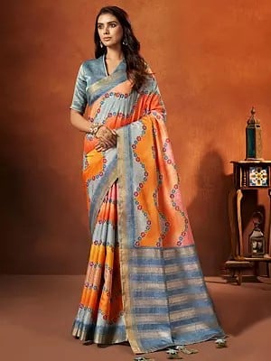 Rangkat Crepe Silk Floral Pattern Saree Multicolor And Golden Stripe In Pallu With Brocade Jacquard Blouse