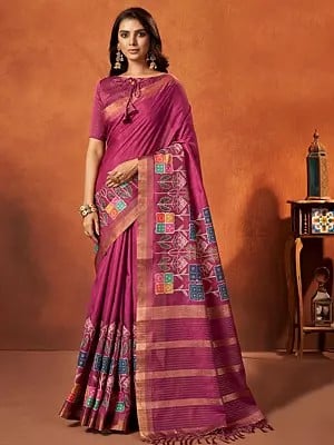 Rangkat Crepe Silk Woven Abstract Rich Maroon Saree And Golden Stripe In Pallu With Spun Satin Blouse