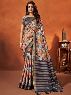 Rangkat Crepe Silk Woven Abstract Pattern Tassel Multi-Color Saree With Brocade Jacquard Blouse