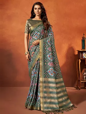 Rangkat Crepe Silk Woven Aztec Pattern Lunar Green Saree With Brocade Jacquard Blouse
