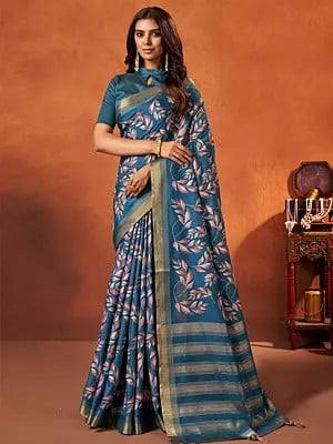 Rangkat Crepe Silk Floral Design Traditional Chathams Blue Saree With Golden Stripe In Pallu With Poly Dupion Blouse