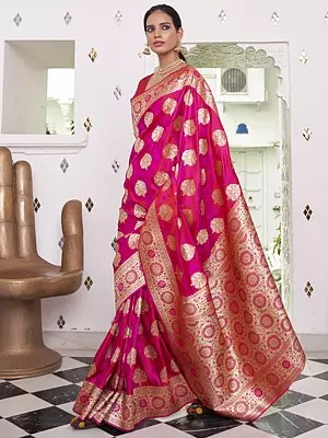 Beautiful Dark Hot-Pink Pure Satin Weaving Silk Saree For Women