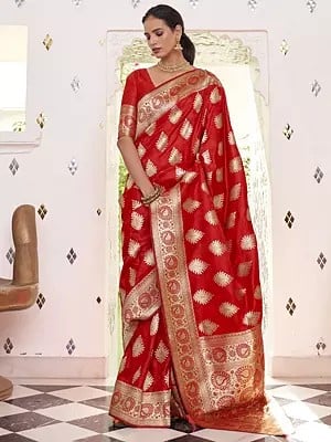 Amazing Wedding Wear Pure Satin Woven Silk Saree With Floral Border