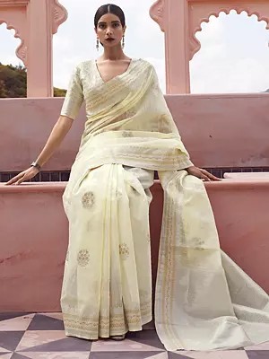 Beautiful Floral Buttas Woven Pure Linen Sarees with Blouse
