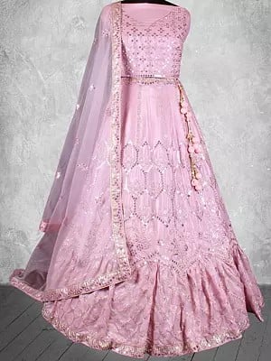 Designer Look Sequins and Cord Embroidered Satin Silk Bridal Lehenga with Net Dupatta