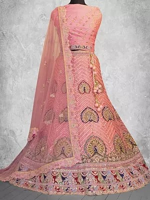 Thread Embroidery Peacock Pattern Georgette Bridal Lehenga Choli with Net Dupatta for Women's