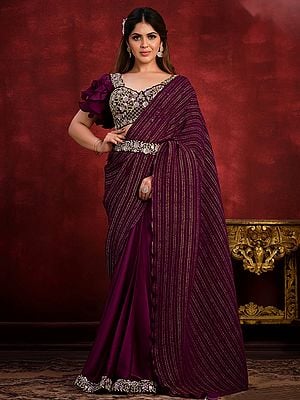 Crepe Satin Silk Mulberry Wood Saree And Textured Pallu With Blouse And Belt