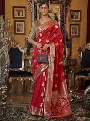 Wedding Wear Tussar Silk Handloom Weaving Saree With Paisley Zari Buttas