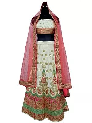 Malbari Silk Fabrics Embroidered Paisley Pattern Wedding Cream Lehenga Choli