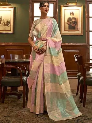 Women Organza Sequins Multi-Color Woven Designer Saree With Blouse