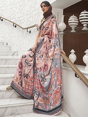 Women's Botenical Design Pure Silk Crepe Saree With Contrast Border