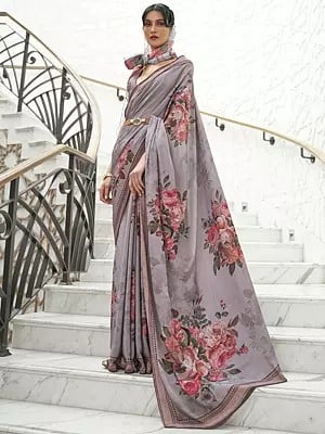 Floral Printed Pure  Silk Crepe Saree With Contrast Border And Blouse