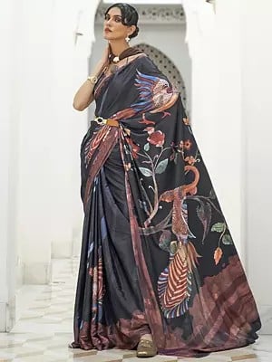 Pure Silk Crepe Printed Saree With Beautiful Peacock Design For Women