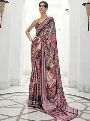 Multi-Designed Kalamkari Pure Silk Crepe Saree With Contrast Peacock Border