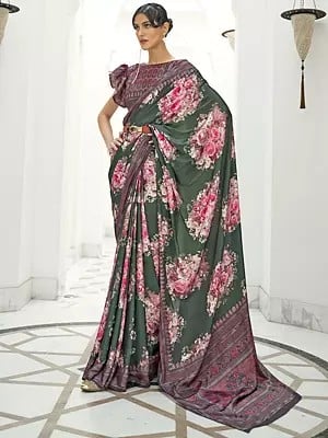 Women's Dark-Green Floral Print Pure Silk Crepe Saree With Contrast Pallu