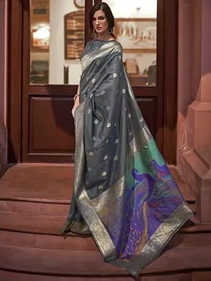 Peacock Design Handloom Weaving Silk Sarees With Zari Buttas For Women