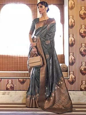 Traditional Wear Tussar Silk Copper Zari Weaving Saree For Women With Contrast Border