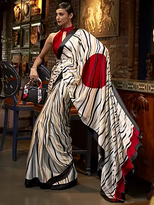 Striped Japan Satin Crepe Saree with Contrast Border for Women