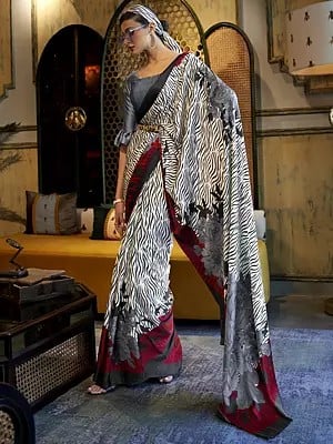 Casual Leopard Digital Print Japanese Crepe Saree with Striped Border for Women