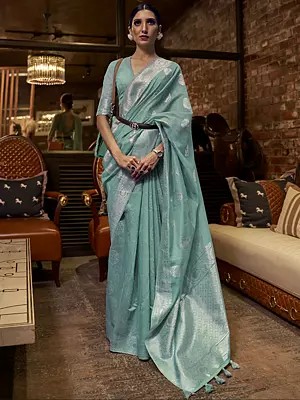 Women's Multi Pure Linen Weaving Saree With Tassels And Floral Buttas