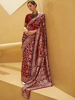Floral Embroidered Chickankari Lucknowi Weaving Saree with Paisley Border