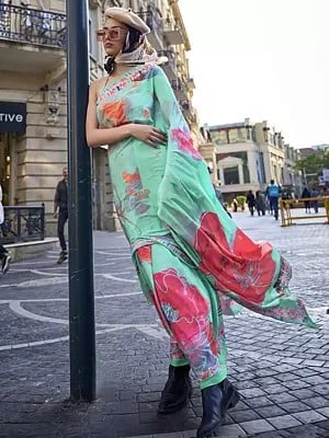 Sea-Green Digital Printed Floral Motif Pure Silk Saree With Blouse For Women's