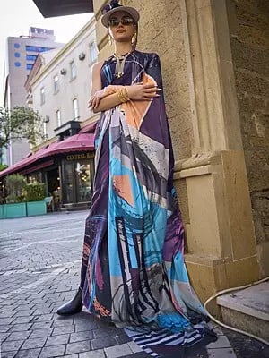 Multi Colored Digital Printed Pure Silk Saree With Blouse