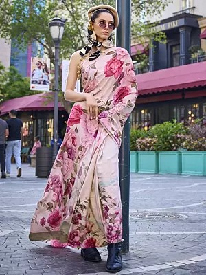 Light-Peach Floral Pattern Digital Printed Pure Silk Saree For Women's