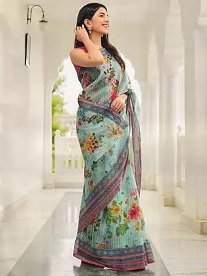 Tibetan-Stone Organza Striped Saree with Floral Print and Wide Border